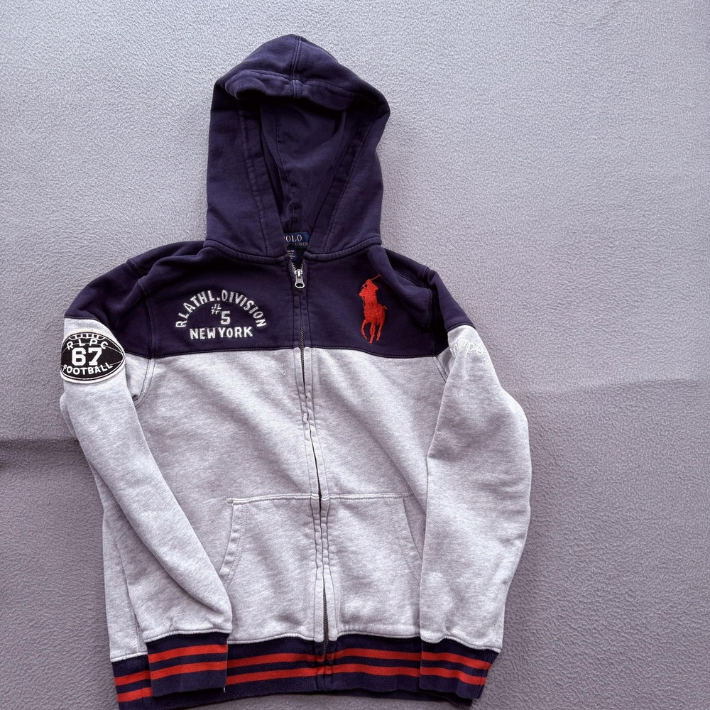 Polo Ralph Lauren Hoodie Boys 14-16 Gray Navy Colorblock Full Zip Cotton Logo